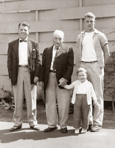 John Whitelaw, Jr. (my grandfather) in the center; to his left, his son John Moreland Whitelaw; to his right, holding his hand, John Whitelaw Rieke (grandson of John Whitelaw Jr.’s brother Henry) and John Moreland Whitelaw, Jr., his grandson. Portland, 1955.