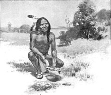 Squanto, an early benefactor of the pilgrims, teaching them how to plant corn using fish as fertilizer. Squanto had learned English from earlier explorers and had travelled to Europe. He was a key intermediary for the pilgrims in establishing good relations with the local inhabitants of Cape Cod.)