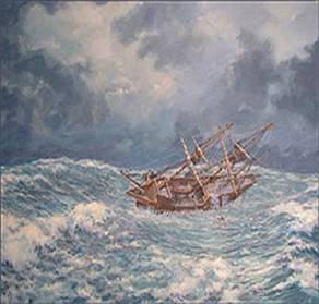 The Mayflower during one of the many squalls it endured. The crew had to lower the sails to keep the wind from breaking the masts, so the ship was simply tossed around on the sea, soaking the terrified passengers.