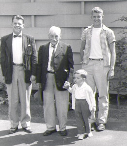 The three men are John Moreland Whitelaw (1911-1974), his father John Whitelaw, Jr. (1870-1961), and John Moreland Whitelaw, Jr. (1939-).   All three carry the Whitelaw y-chromosome DNA. In front is John Whitelaw Rieke, whose mother is a Whitelaw. He does not carry the y-chromosome DNA because it only passes from father to son, but, like all the Whitelaw family, he has inherited Whitelaw genes in other parts of his DNA.