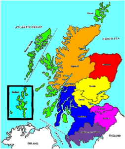 Map of Scotland. The Ayrshire-Lanarkshire region is dark blue. This area was historically called Strathclyde.