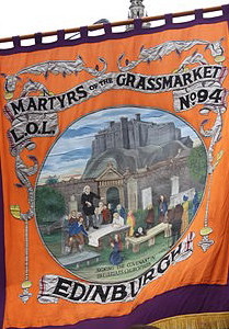 A banner commemorating the execution of Covenanter prisoners in Edinburgh.