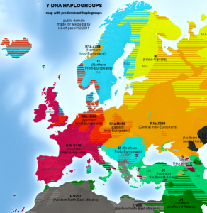 Map showing the major haplogroups of Europe. The red areas, which include Western Europe and the British Isles, are dominated by R1b.