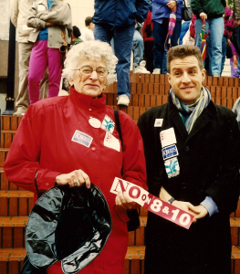 Alvis and friend Randall Stewart, at a political rally in the 1980s on a rainy day, Portland, OR