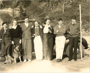 Welfare staff picnic on Memorial Day 1938 at the Oregon Coast. Here John and Alvis began a serious relationship. Alvis and John are third and second from right. Norris Class, who hired John and many other young social workers from around the country, is on the far right.
