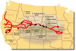 Map of the trails to California during the Gold Rush.