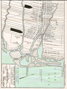 Map of Monroe, MI ribbon farms, including those of Marcellisse's grandparents. The upper black arrow shows Antoine Nadeau's 539 acre farm; the lower black arrow shows Ignace Tuot Duval Sr.'s 346 acre farm. Original map located at the Monroe Historical Society.