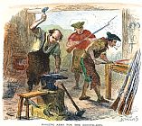 Colonial blacksmiths forging arms during the Revolutionary War