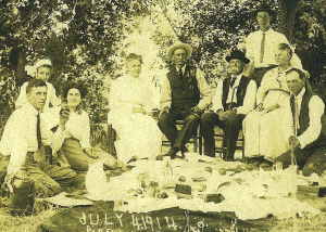 Family Picnic, July 4, 1914, Livingston, California. Far left, Ralph Love; center, Hanna and George Love; others are Ralph's wife, Edna McCoy and her relatives.