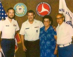 Roger Schartzer, swearing-in ceremony to Coast Guard (grandson of Charles Love) center, with parents Ruth and Vernal Schartzer on right and Coast Guard staff on the left, 1979, Phoenix, AZ. Photo archive of Fran Bryanton. Courtesy Roger Schartzer.